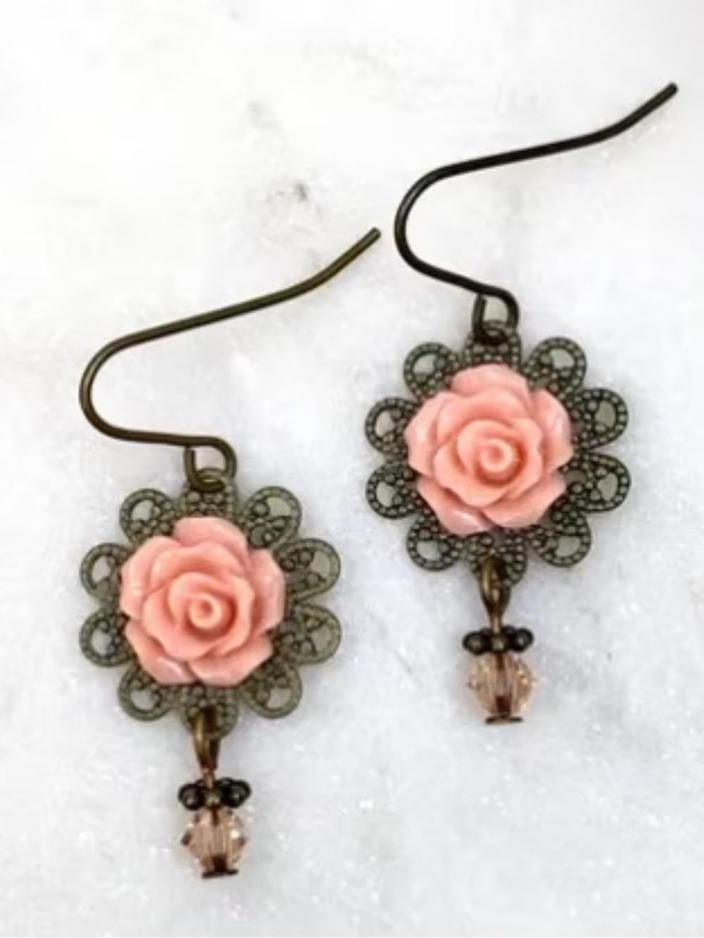 Vintage Style Pink Rose Filigree Drop Earrings